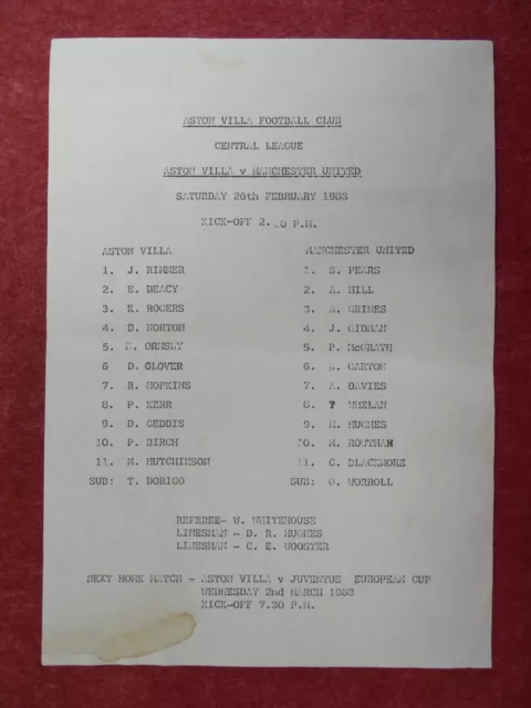 ASTON VILLA v MANCHESTER UTD | 1982/1983 | RESERVES | 26 FEB 1983 | UK FREEPOST