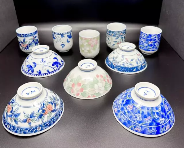 Japanese Porcelain Rice Soup Bowls & Tea Cups Set, Signed on Bottom 10 PCS NEW 2