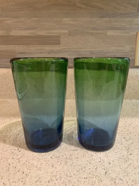Mexican Hand Blown Glass Blue & Green Set of 2 Beautiful Condition 16oz