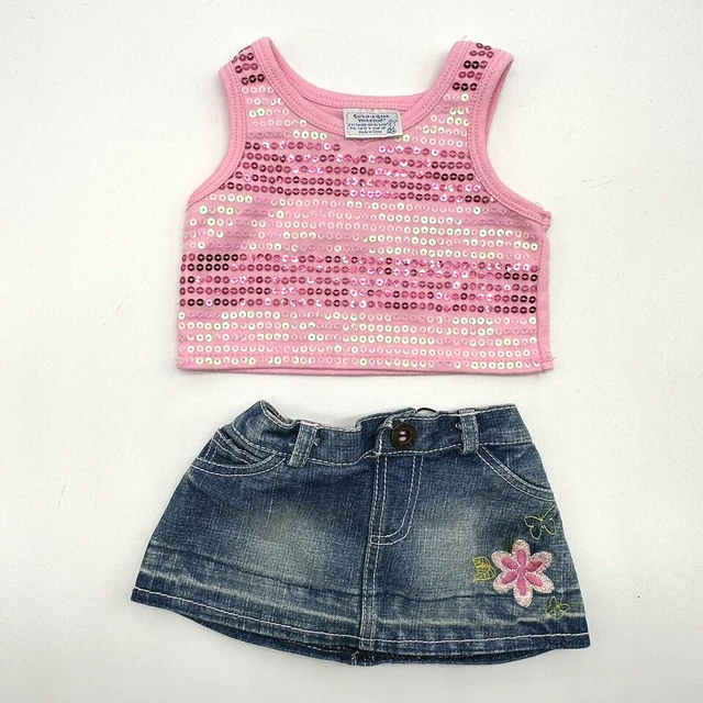 Build a Bear Pink Sequin Tank Top Denim Jean Flower Skirt Teddy Clothes Outfit