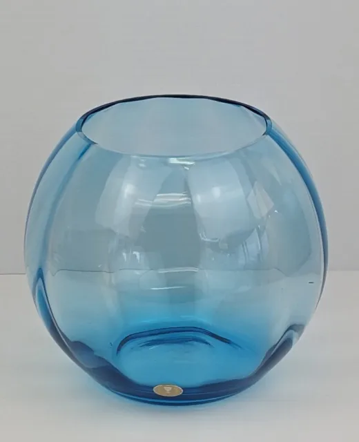 Vintage Romanian Art Glass Sky Blue Optic Round Vase Bowl