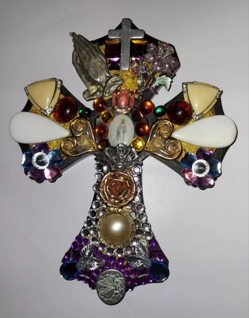 CROSS Jeweled Wall Art 💕 hand crafted 💜 one of a kind 🎁 gift (8"x6" wooden)