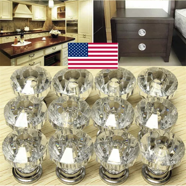 12Packs/Set Glass Diamond Crystal Dresser Knobs Drawer Pull Handle Cabinet Doors