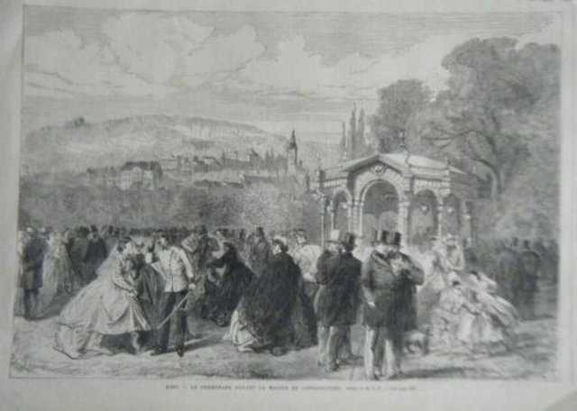 GRAVURE SUR BOIS 19ème BADE LA PROMENADE DEVANT LA MAISON DE CONVERSATION
