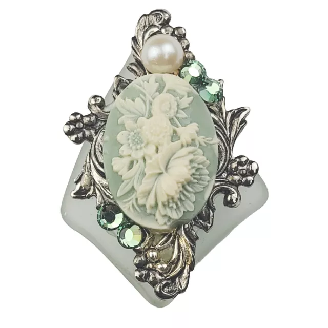 Artisan Flower Cameo Brooch Pin Silver Tone Faux Pearl Rhinestone Beach Glass