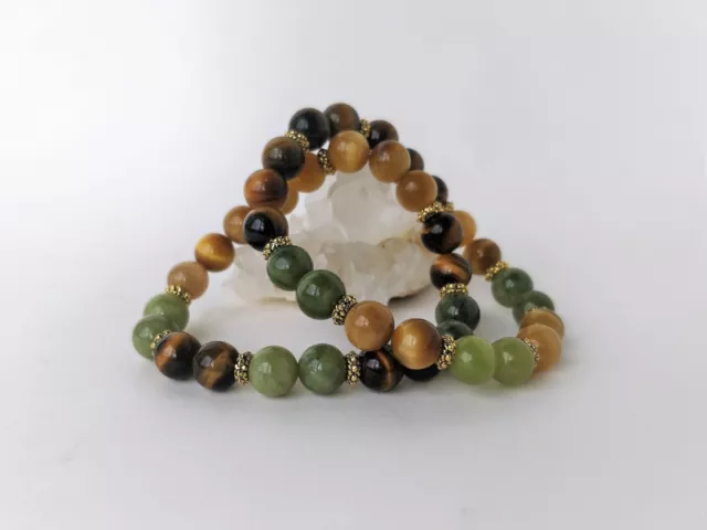 Bracelets duo oeil de tigre blond et classique et Jade néphrite (perles 8 mm)