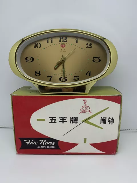 Vintage Five Rams Alarm Clock Wind Up Oriental Retro ORIGINAL BOX NEW WORKING
