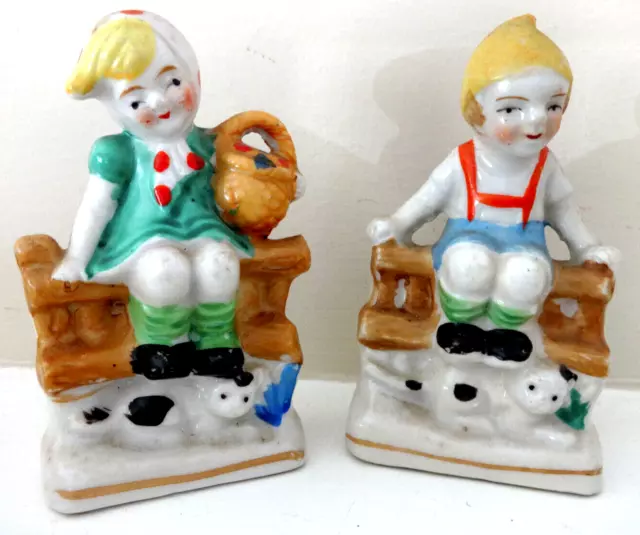 Sweet Vintage Porcelain Japan Boy & Girl Sitting On Fence W/ Puppy Dog & Cat