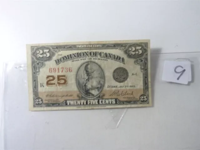 CANADA BANKNOTE SHINPLASTER 1923  25 cent SIGNATURE  CAMPBELL CLARK NO9