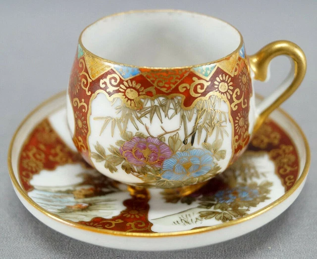 Antique Kutani Hand Painted Floral & Landscape Red & Gold Demitasse Cup & Saucer