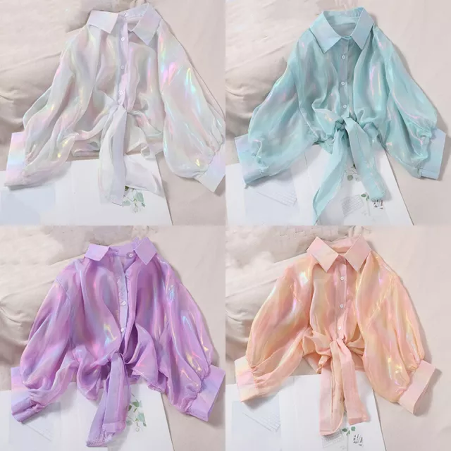Femme Arc en Ciel Brillant Chemises Boutons Bas Court Chemisier Veste