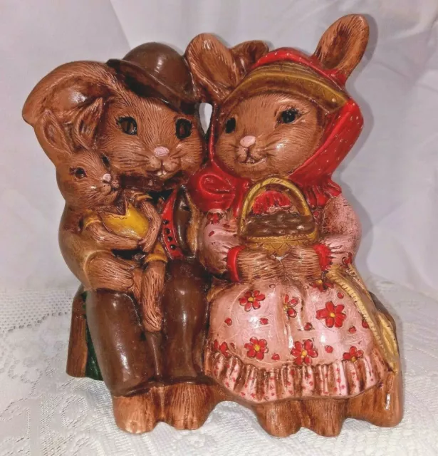 Vintage Hand Painted Ceramic Brown Rabbit Family Dressed Up/Heart Backed Bench