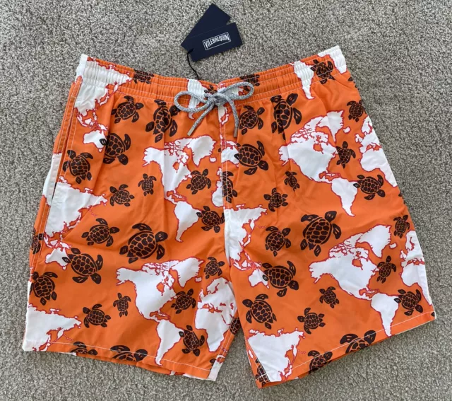 New Authentic Vilebrequin Moorea Swim Trunks - TURTLES - ORANGE - XXL MEN - 2XL