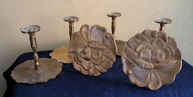 Vntg Brass Curtain Tie Backs 4.5" Round Medallion Lotus Floral Flower Pattern