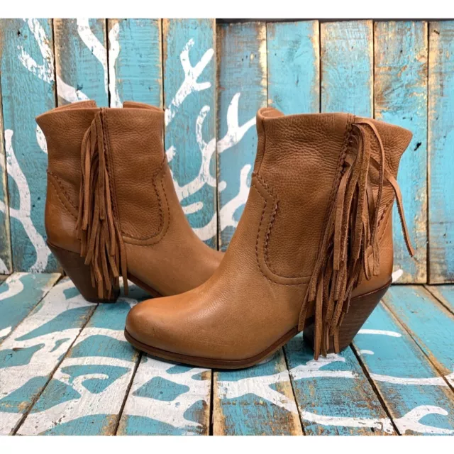 NEW Sam Edelman Boots Womens 5 Louie Fringe Cowboy Bootie Brown Leather Heels