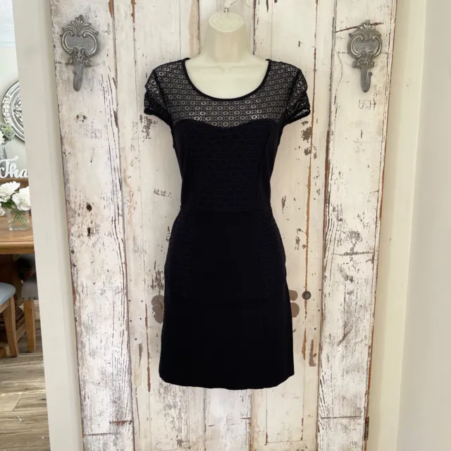 Kensie Size XS Woman's Black Lace Knit Sheer Neck Sheath Cocktail Party Dress