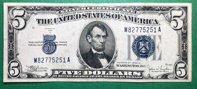 1934 C - $5 - Silver Certificate - Blue Seal - Very Fine