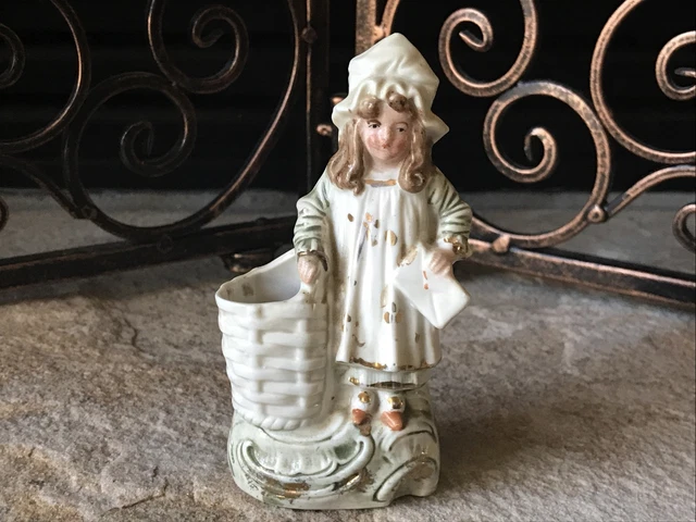 Antique Toothpick Holder European Porcelain 19th Century Figurine Girl & Basket