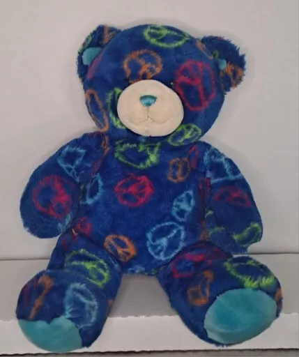 BAB Build A Bear Peace Sign Teddy Bear Dark Blue Plush 14" Stuffed Animal