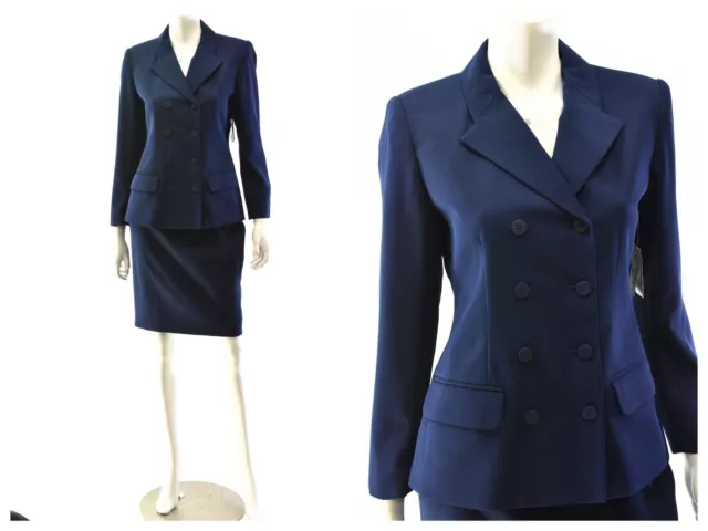 90S NAVY BLUE Double Breasted Skirt Suit Womens 4P Jacqueline Ferrar ...