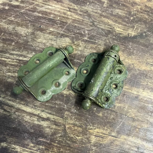 Antique Pair Butterfly Door Cabinet Metal Hinges Green Paint Rustic Salvage