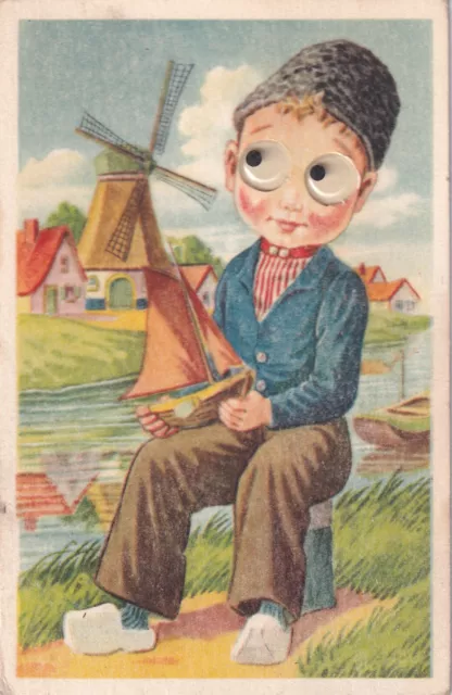 Vintage Postcard - Dutch Boy, Windmill, Toy Boat - Googly Eyes - c1956