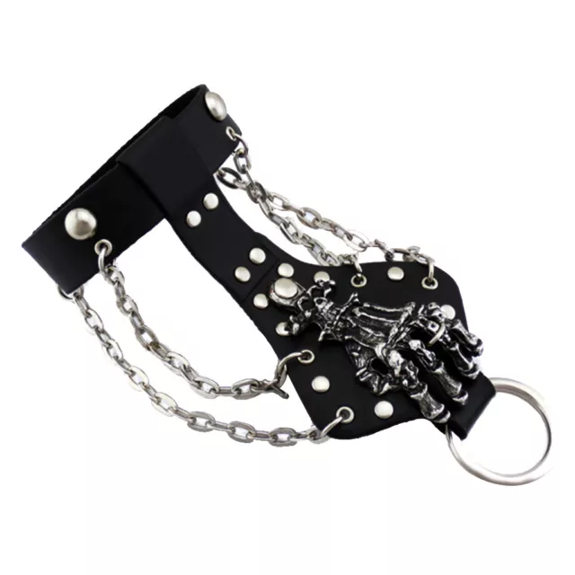 Punk Skull Skeleton Hand Black Leather Wristband Slave Bracelet Ring Bangle