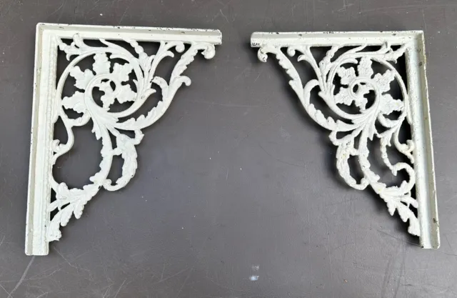 Pair Of Vintage Antique Cast Iron Floral Decorated Shelf Brackets