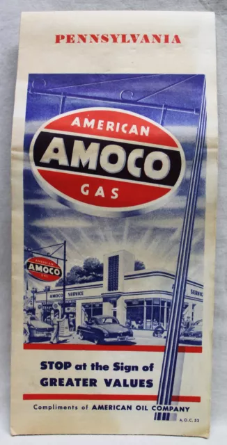 Amoco Oil Company Pennsylvania Highway Road Map 1953 Vintage Auto Travel