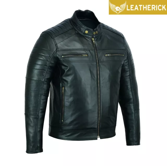 Mens Fashion Real Sheepskin Biker Leather Jacket Motorcycle Retro Style Black 2