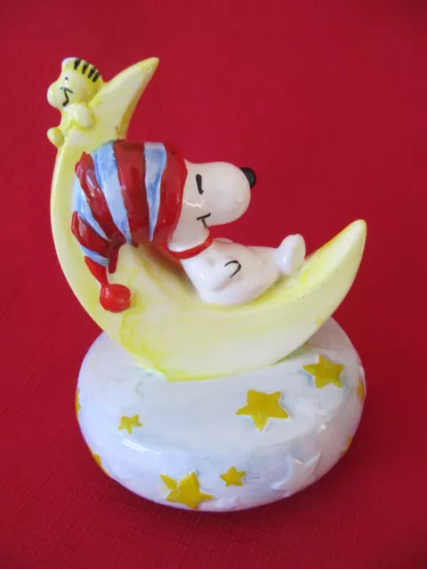 Vintage 1972 Aviva PEANUTS Snoopy & Woodstock On The Moon Ceramic Music Box RARE