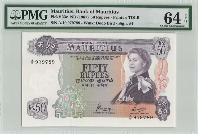 Mauritius 50 Rupees  ND (1967)  P-33c PMG 64 EPQ