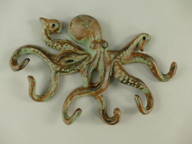 9977723 Figura Fundida Hierro Barra Gancho Pulpo Pulpo Verde Rústico D24cm