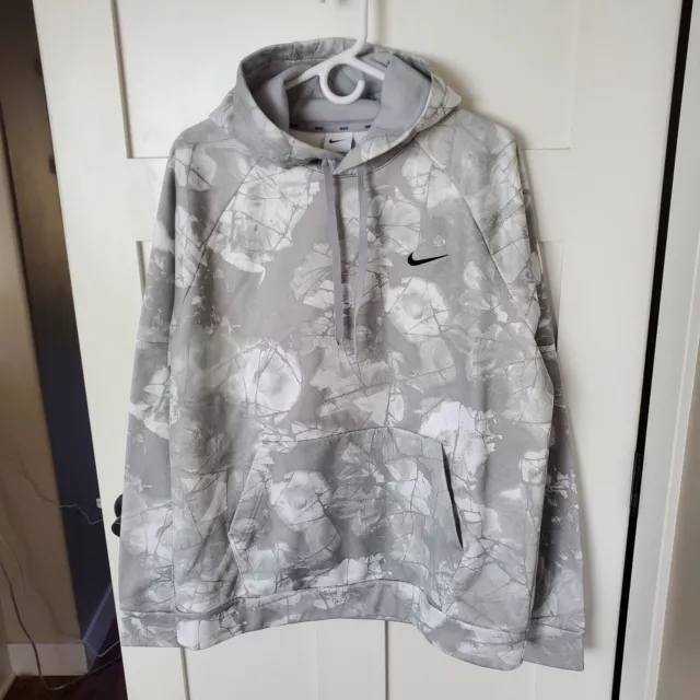 Nike Therma-Fit Mens Hoodie Large Gray White Print Sweatshirt Camo Gym Active