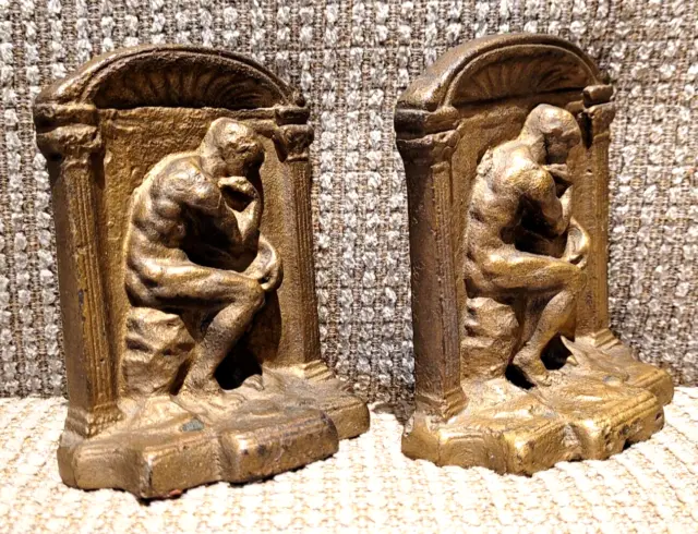 Antique Vintage The Thinker - Heavy Cast Iron Bookend Set - Nice Patina 2.5 Lbs.