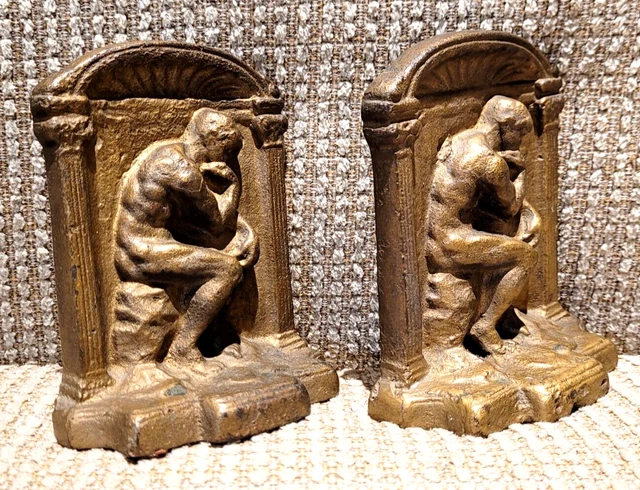 Antique Vintage The Thinker - Heavy Cast Iron Bookend Set - Nice Patina 2.5 Lbs.