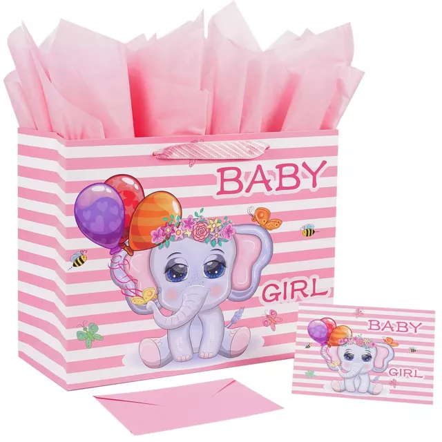 12.6" Large Baby Girl Gift Bag with Tissue Paper and Greeting Card for Baby S...