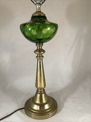 Vintage 29”  Brass & Green Glass Coin Dot Electric Lamp Victorian Oil Lamp Style