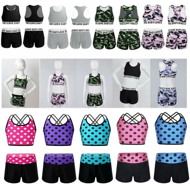 Girls Tankini Sport Dance Crop Top Shorts Set Gymnastic Leotard Dancing Swimming