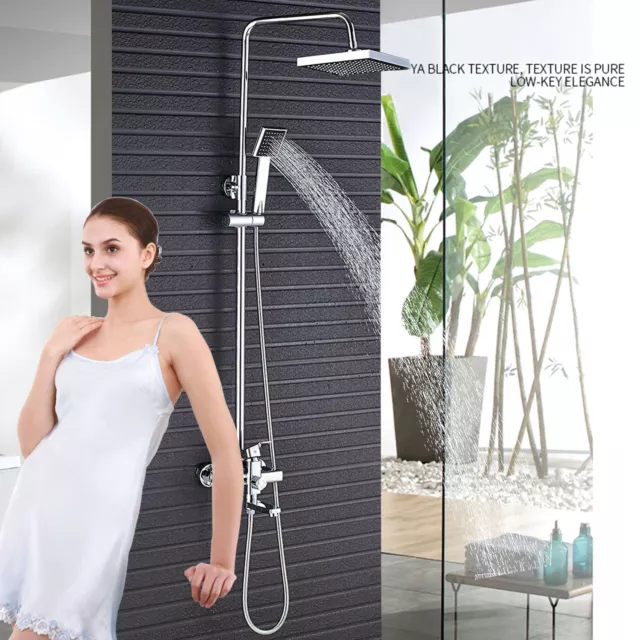 Chrome Exposed Shower Faucet Set Rainfall Head Shower Combo Fixtures