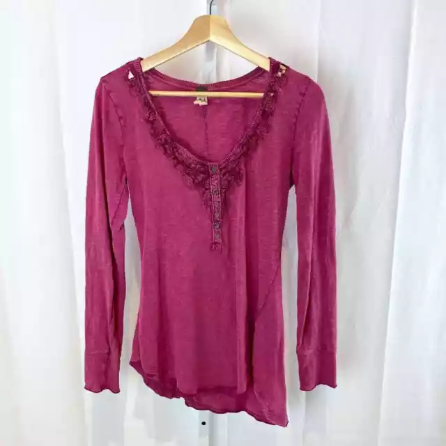 We the Free People Legacy Crochet Henley Top Long Sleeve Slub Knit Pink M