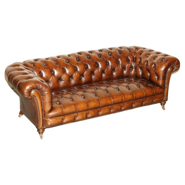 Fine Antique Circa 1860 Jas Shoolbred Restored Brown Leather Chesterfield Sofa