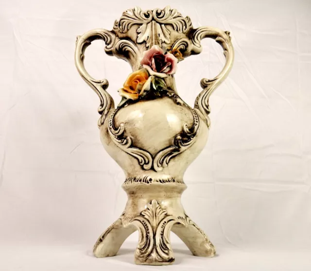 Tipo Capodimonte 17" Footed Porcelain Urn, 3D Roses, Scrolls & Leaves, Vintage