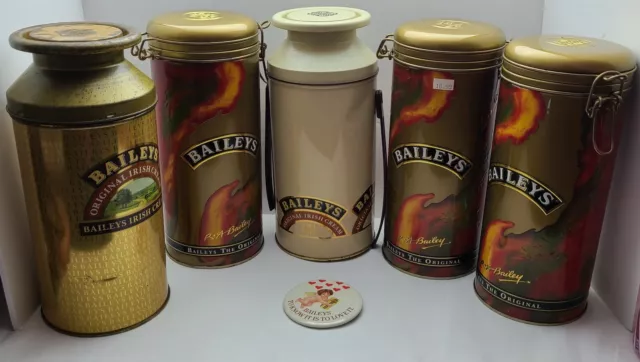 5  Empty Vintage Baileys Iris Cream Liqueur  Canisters + 1 Baileys Button