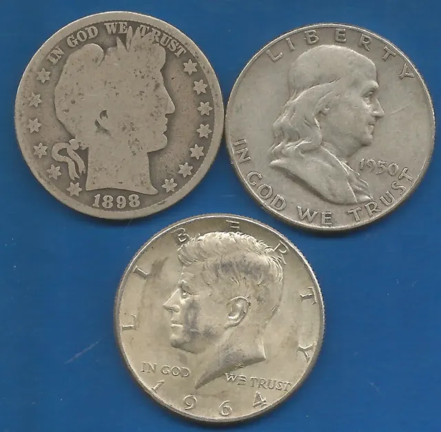 Lot Of Three Us Half Dollars, 90% Silver, Barber, Franklin & Kennedy.