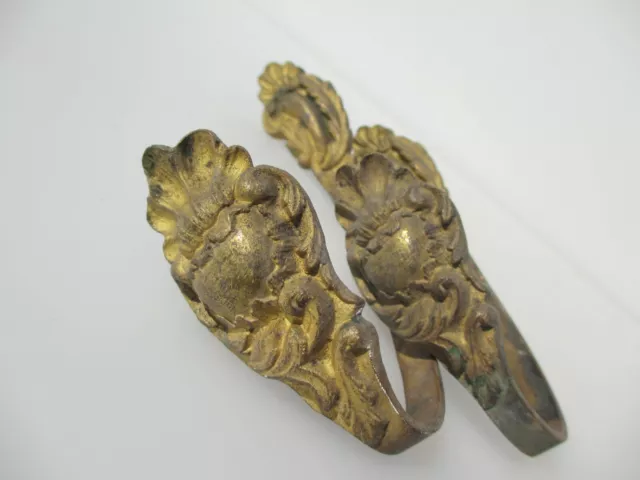 Antique Brass Curtain Tie Backs Hooks French Old Victorian Rococo Clam Shell