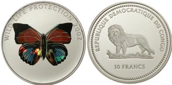 2002 Congo Large Silver Color Hologram Proof 10 francs Red Butterfly/Lion