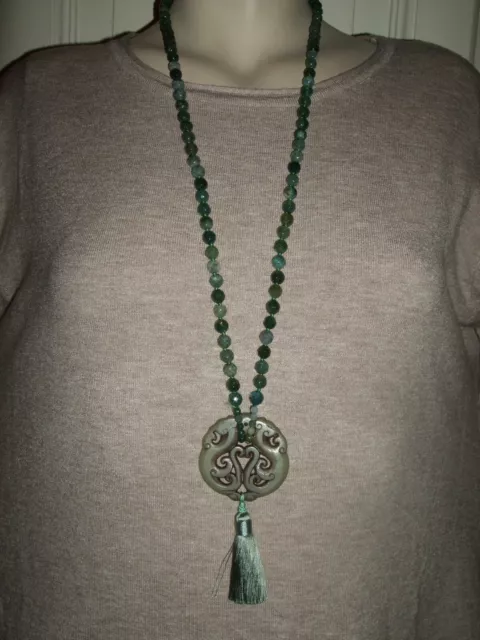 Collana Gioiello Mala Agata Muschiata Giada Verde Jade Necklace Ciondolo Cm 82