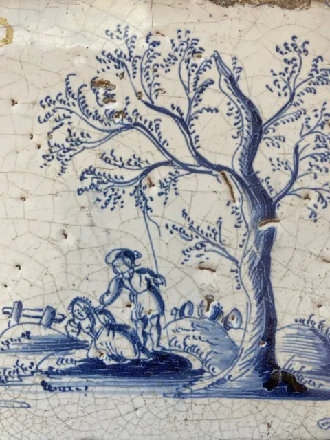 RARE! ANTIQUE 17th CENTURY DUTCH DELFT TILE couple under tree sheperd romance 2