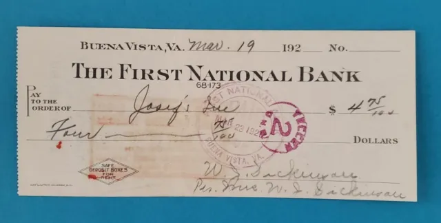 Buena Vista VA Check Vintage 1926 First National Bank Paper Ephemera D070